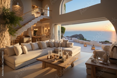 A wide view captures a luxurious modern villa's living room on a Greek island, focusing on grand windows and luxurious furnishings. © aboutmomentsimages