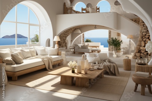 A 3D render showcases a luxurious modern villa's living room in Greece with grand windows and lavish furnishings. © aboutmomentsimages