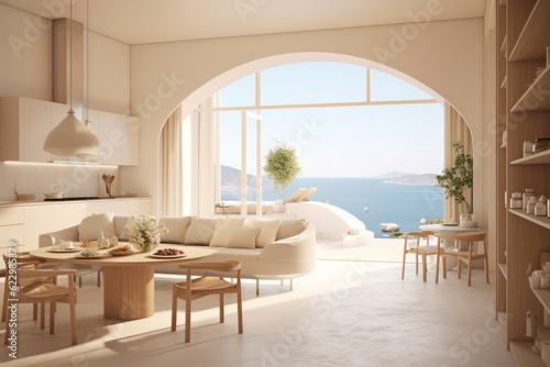 A 3D render showcases a luxurious modern villa's living room in Greece with grand windows and lavish furnishings. © aboutmomentsimages