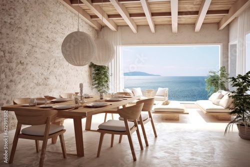 A wide view captures a luxurious modern villa s living room on a Greek island  focusing on grand windows and luxurious furnishings.