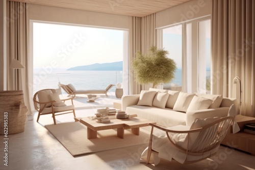 A wide view captures a luxurious modern villa s living room on a Greek island  focusing on grand windows and luxurious furnishings.