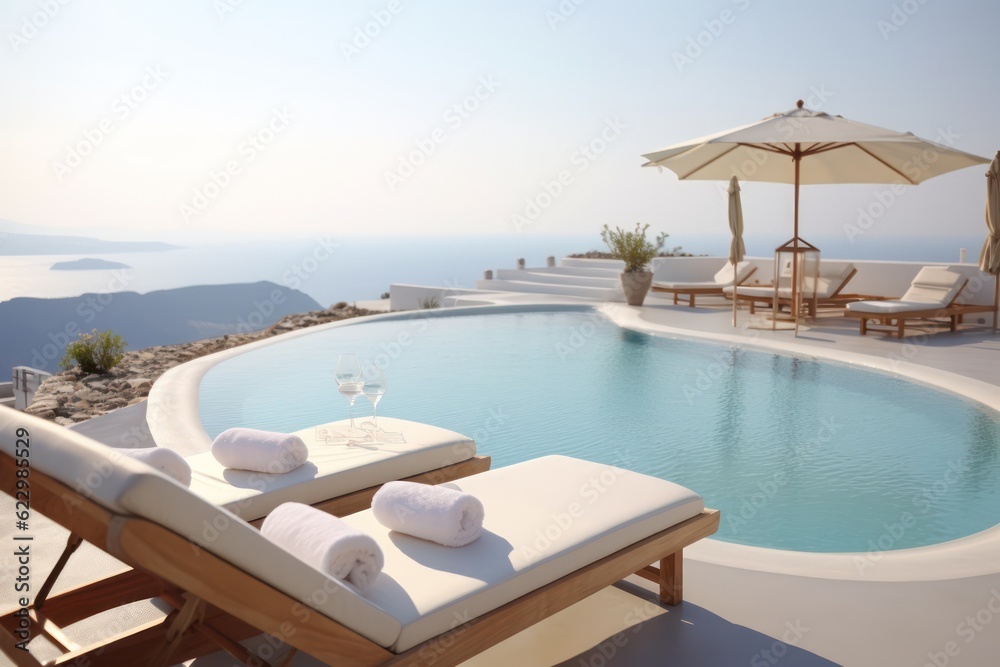 Fototapeta premium Close-up detail showcases a luxurious modern villa's grand windows in Greece, revealing a stylish living room..