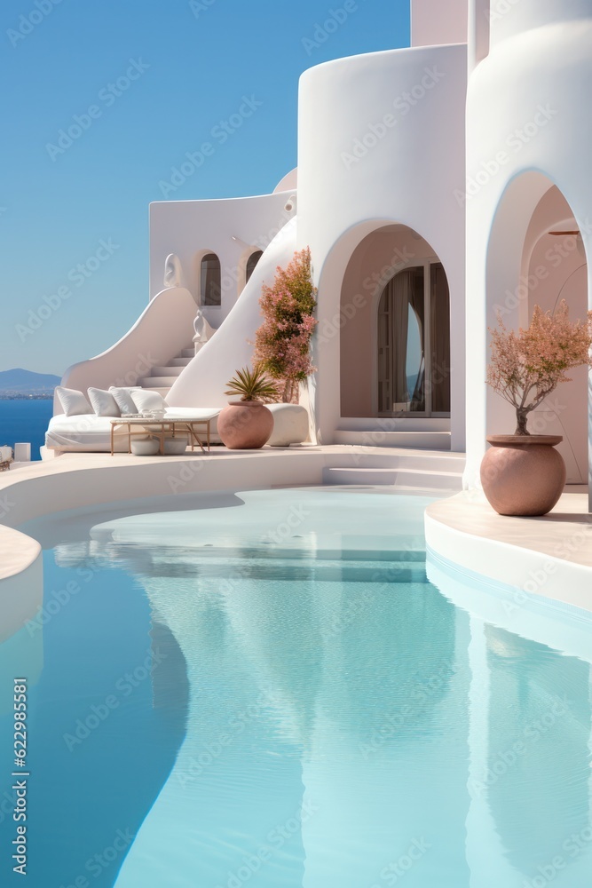 Exterior design of a Greek villa, featuring white stairs, sea views, and clear water under a clear blue sky.....