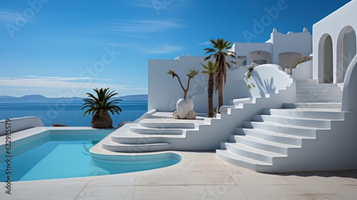 Exterior design of a Greek villa  featuring white stairs  sea views  and clear water under a clear blue sky.....