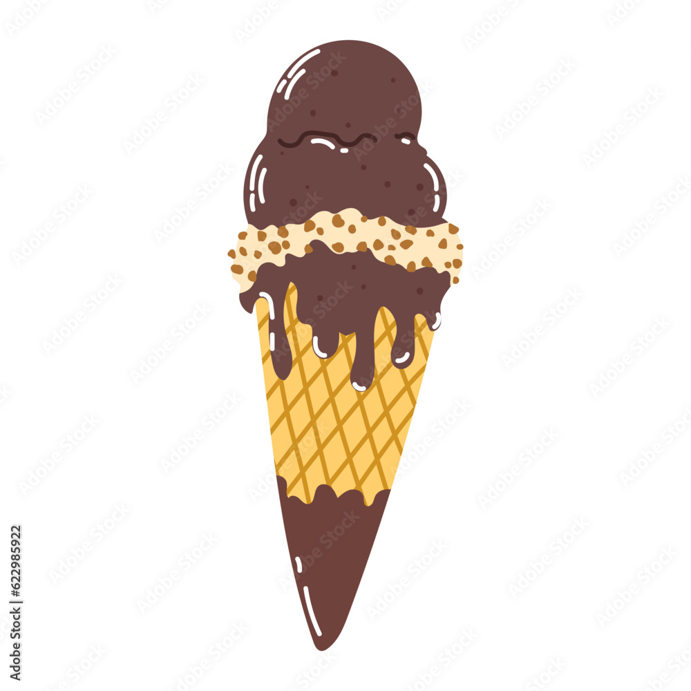 Isolated cartoon colorful ice cream in a waffle cone with chocolate liquid three ball sprinkled nuts in flat vector style on white background. Summer food.