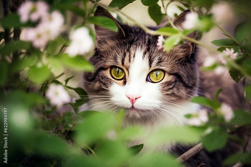 Beautiful cat with green eyes in a garden on a spring day. selective focus.