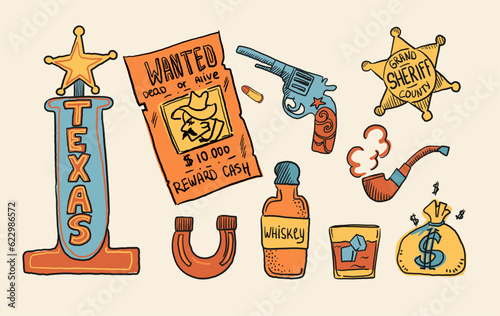 Cowboy western theme wild west concept. Includes elements such as a wanted list, a sheriff s badge, a revolver, a horseshoe, alcohol, a bag of days, a smoking pipe and a road sign. Vector photo