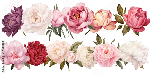 Rose and peony flowers set 1