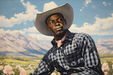 poc cowboy wearing plaid with mountain vista vintage americana painting made with generative ai