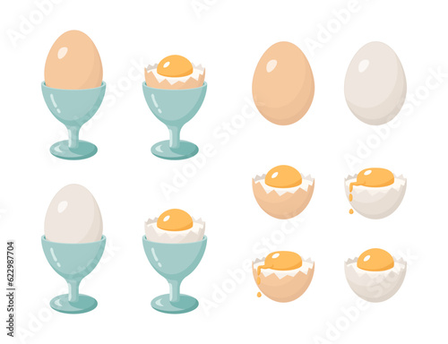 Set of boiled eggs in blue egg cups.