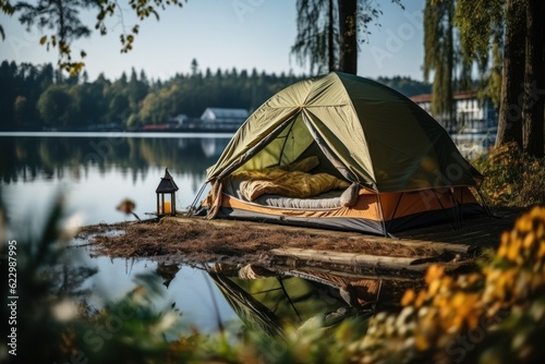 Tent to sleep under the pine forest by the lake.