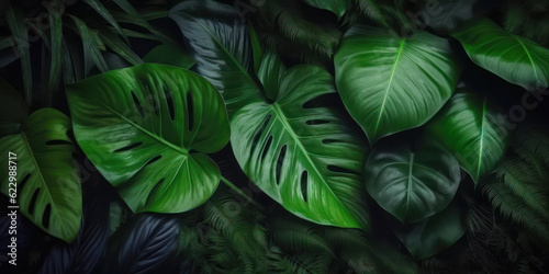 closeup nature view of tropical green monstera leaf background. Flat lay  fresh wallpaper banner concept. generative ai