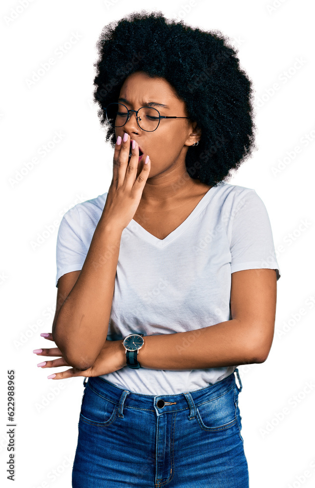 Young african american woman wearing casual white t shirt bored yawning tired covering mouth with hand. restless and sleepiness. Young african american woman wearing casual white t shirt bored yawning tired covering mouth with hand. restless and sleepiness.
