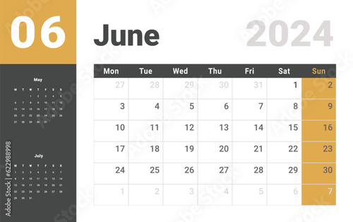 Monthly Calendar Template of june 2024. Vector layout simple calendar with week start Monday.