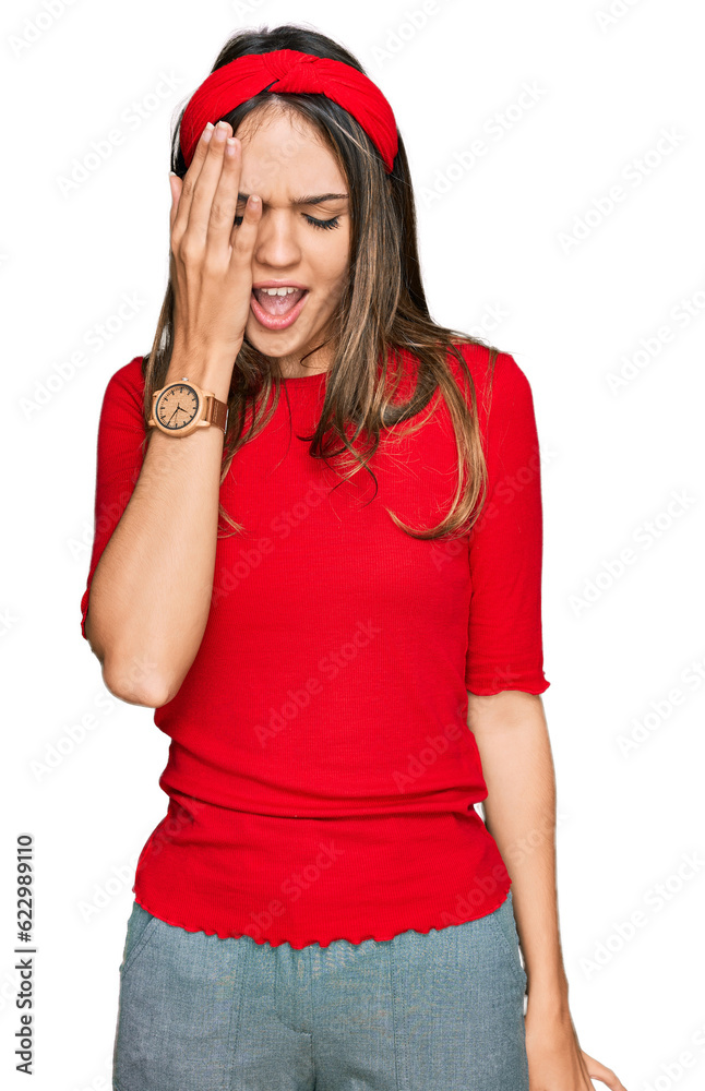 Young brunette woman wearing casual clothes yawning tired covering half face, eye and mouth with hand. face hurts in pain. Young brunette woman wearing casual clothes yawning tired covering half face, eye and mouth with hand. face hurts in pain.