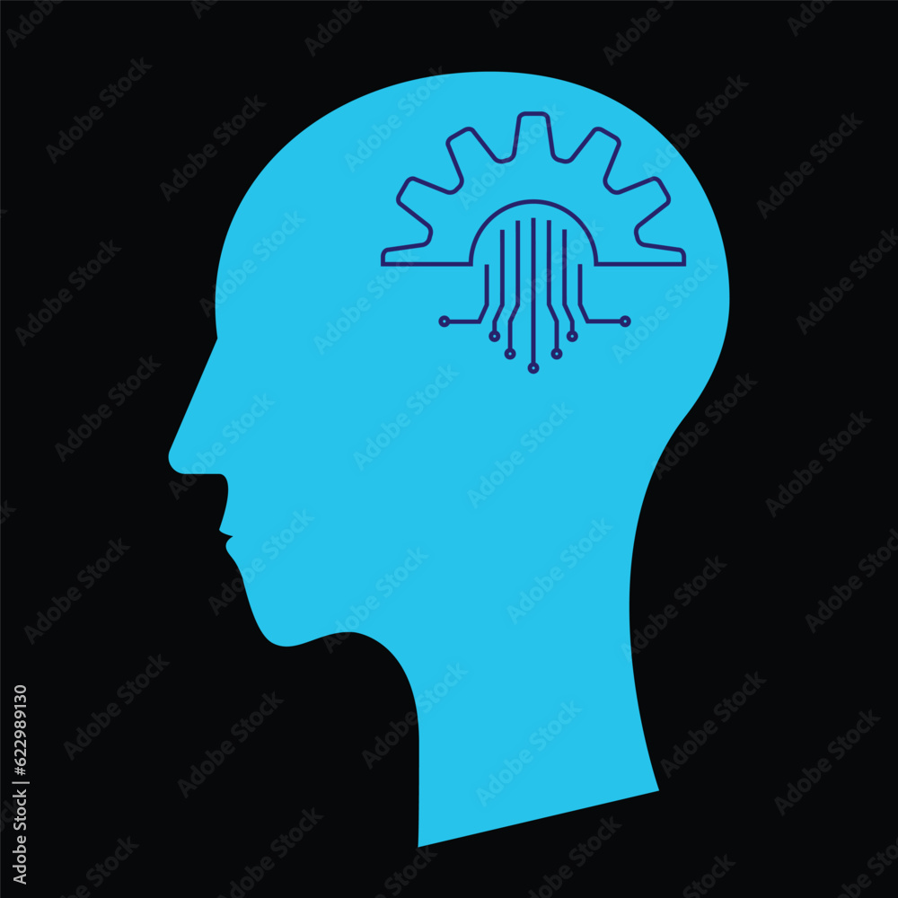 Obraz premium Digital abstract human head tech logo design inspiration. Simple flat design symbol, Isolated on black background, Vector illustration