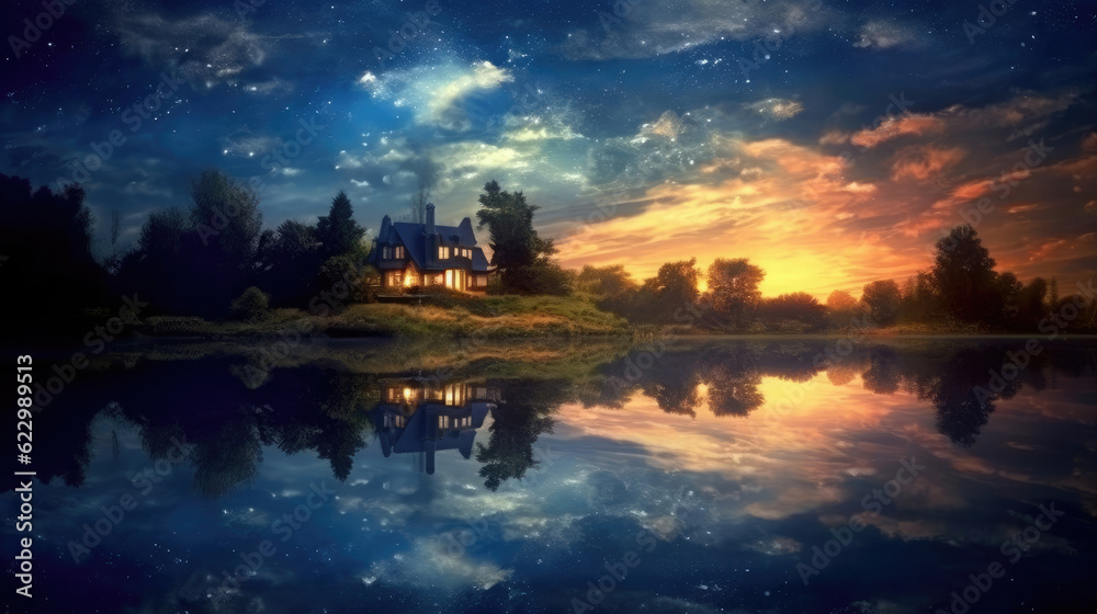 Beautiful picture at night by the lake, starry sky, HD, Background Wallpaper, Desktop Wallpaper