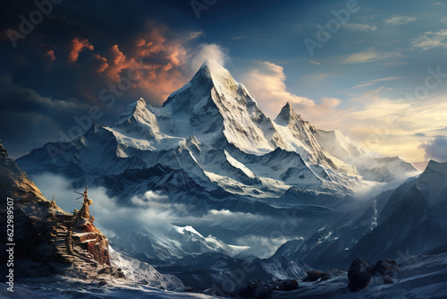 Mountain landscape with snow and clouds at sunset. generative AI image.