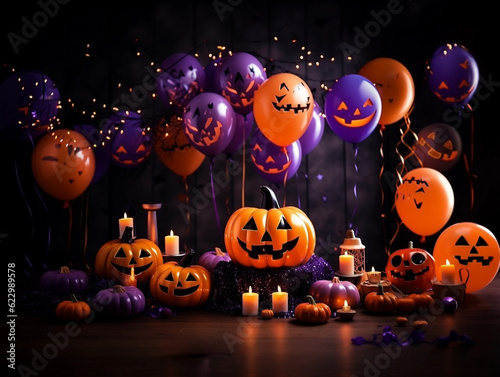 Trick or treat party and Pumpkin Jack-O-Lantern surrounded by halloween decor