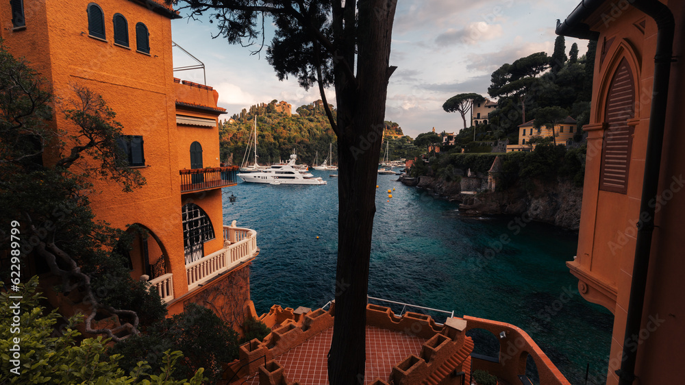 Portofino harbor scene at sunset, Italian Riviera, Europe