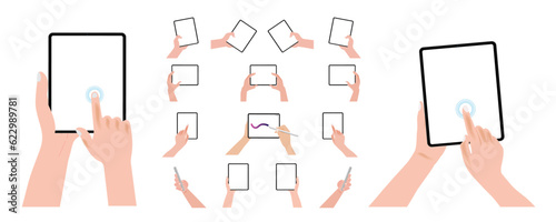 A hand is holding a tablet computer both horizontally and vertically, with a blank screen displayed. The tablet pc is being operated using a finger to touch the blank white screen display, Vector.