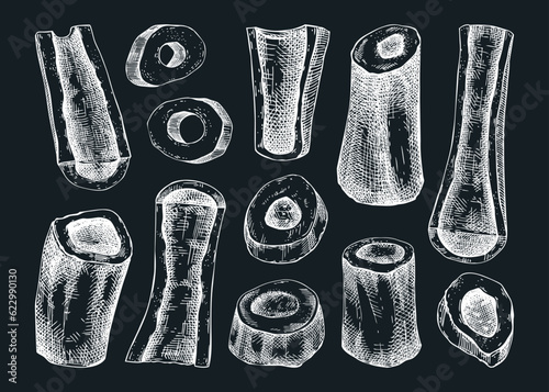 Big marrowbone with meat sketches set. Raw bones isolated on chalkboard. Hand drawn ingredients, healthy food illustration for butchery, recipes, menu in vintage style.