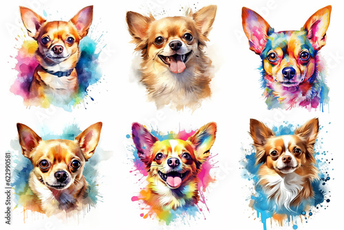 Set of dogs breed Chihuahua painted in watercolor on a white background in a realistic manner. Ideal for teaching materials, books and designs, postcards, posters. © Mari Dein