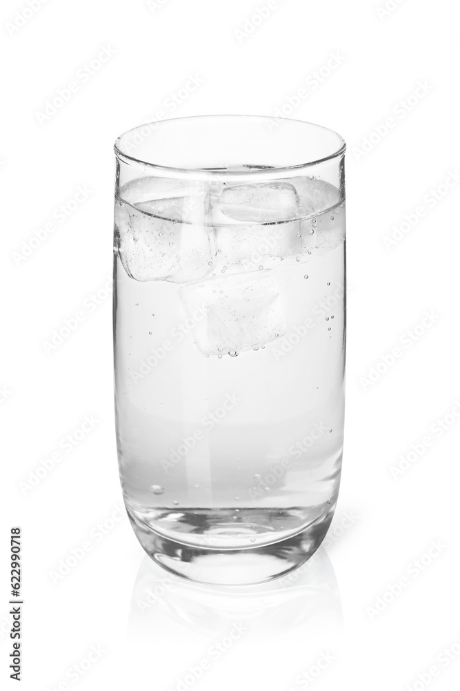 Glass of soda water with ice cubes isolated on white Glass of soda water with ice cubes isolated on white