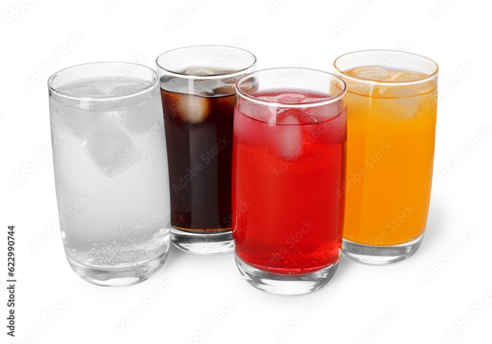 Glasses of different refreshing soda water with ice cubes on white background Glasses of different refreshing soda water with ice cubes on white background