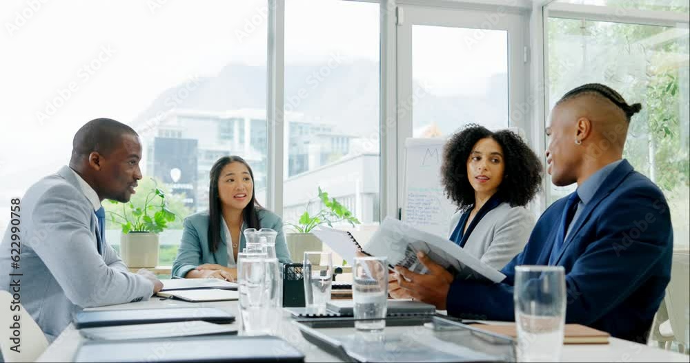 Meeting, documents and business people teamwork, talking and planning ideas with financial report or budget proposal. Diversity women, men and manager with paperwork, finance portfolio and discussion