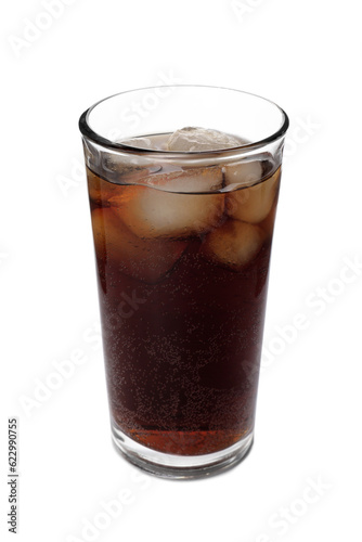 Glass of refreshing soda water with ice cubes isolated on white