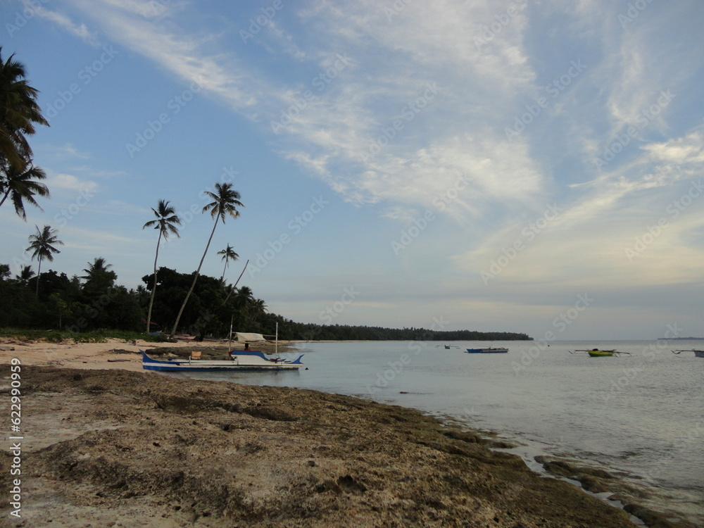 Naklejka premium Beautiful White Sand Beach Located in North Maluku, Indonesia. Beautiful Scenery of Blue Sky, Ocean and White Sand Beach.