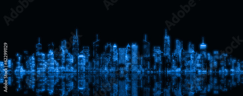 Abstract digital urban architecture: cityscape with glowing neon light and reflection. A modern hi-tech skyscraper scene. Sci-fi and futuristic technology background.