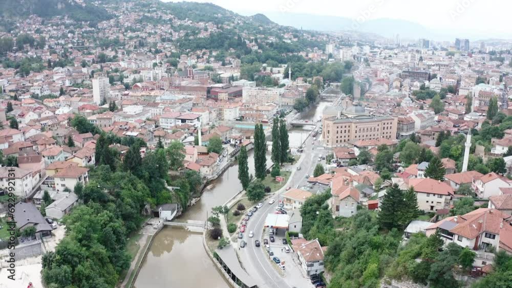 Aerial video of the capital city of Sarajevo of Bosnia and Herzegovina