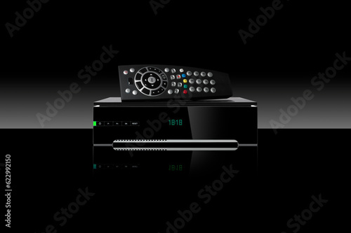 Tv decoder and remote control isolated on white background. Receiver