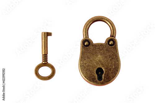 bronze key and padlockisolated on transparent background photo