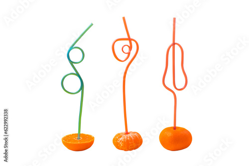 fresh juicy peeled tangarines with cocktail straw. Healthy fresh citrus juice without additives isolated on transparent background
