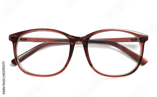 Stylish glasses with brown frame isolated on white