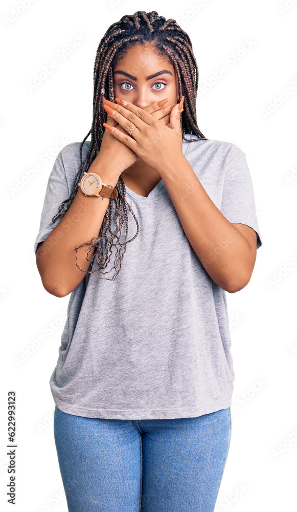 Young african american woman with braids wearing casual clothes shocked covering mouth with hands for mistake. secret concept. Young african american woman with braids wearing casual clothes shocked covering mouth with hands for mistake. secret concept.