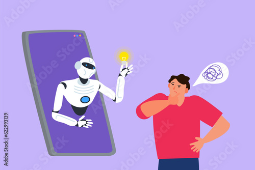 thinking man and phone with robot virtual helper bot online assistant vector illustration