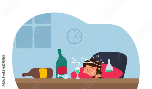 drunk woman sleeping with bottles and glass female alcoholism vector illustration