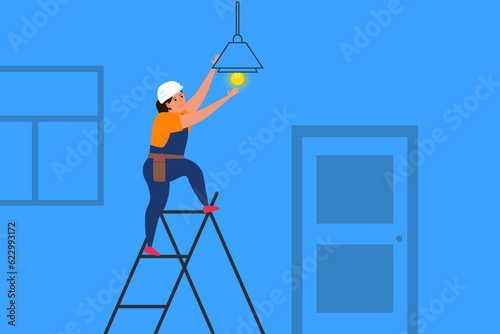 woman electrician working indoor repair lightbulb vector illustration