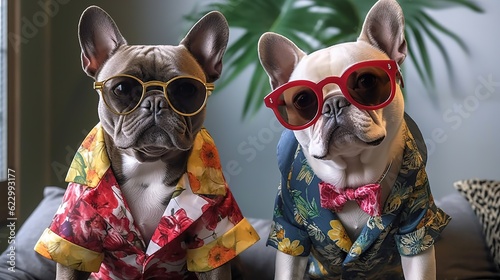 Fashionable animals in glasses. Pug in beautiful clothes. Glamor fashionable dog Pug in a clothes and glasses. Designer clothes for dogs. Generative ai.