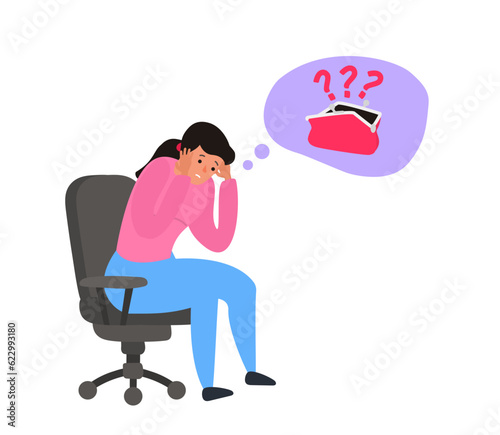 sad woman think about empty wallet no money financial crisis poverty concept vector illustration