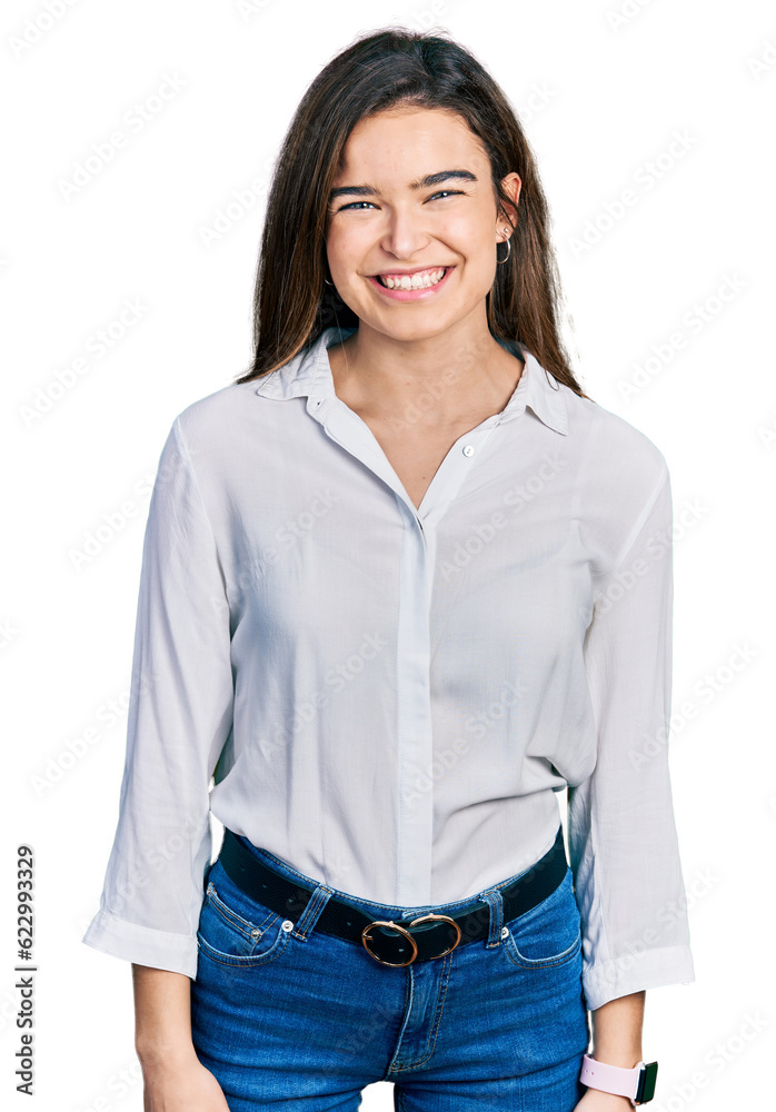 Young caucasian girl wearing casual white shirt with a happy and cool smile on face. lucky person. Young caucasian girl wearing casual white shirt with a happy and cool smile on face. lucky person.