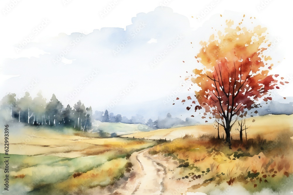 Watercolor Fall Landscape on white background Generative AI