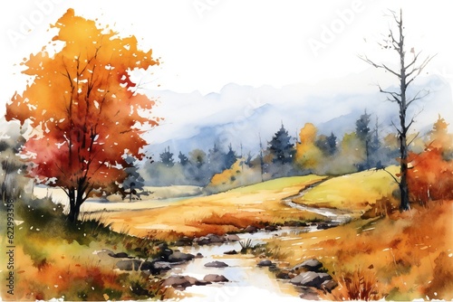 Watercolor Fall Landscape on white background Generative AI