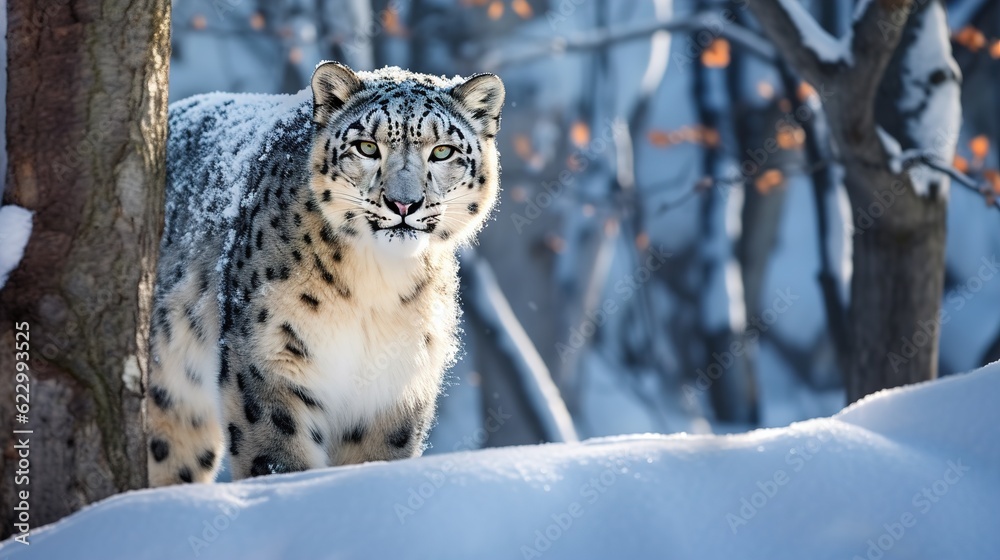Fototapeta premium Enchanting Snow leopard camouflage in the snowy. Generative ai.