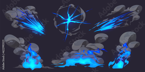 Cartoon set of explosion effects with neon blue fire and grey clouds of smoke. Vector illustration of comic style blast, puff, fast speed motion, dust trail, boom wave animation isolated on black