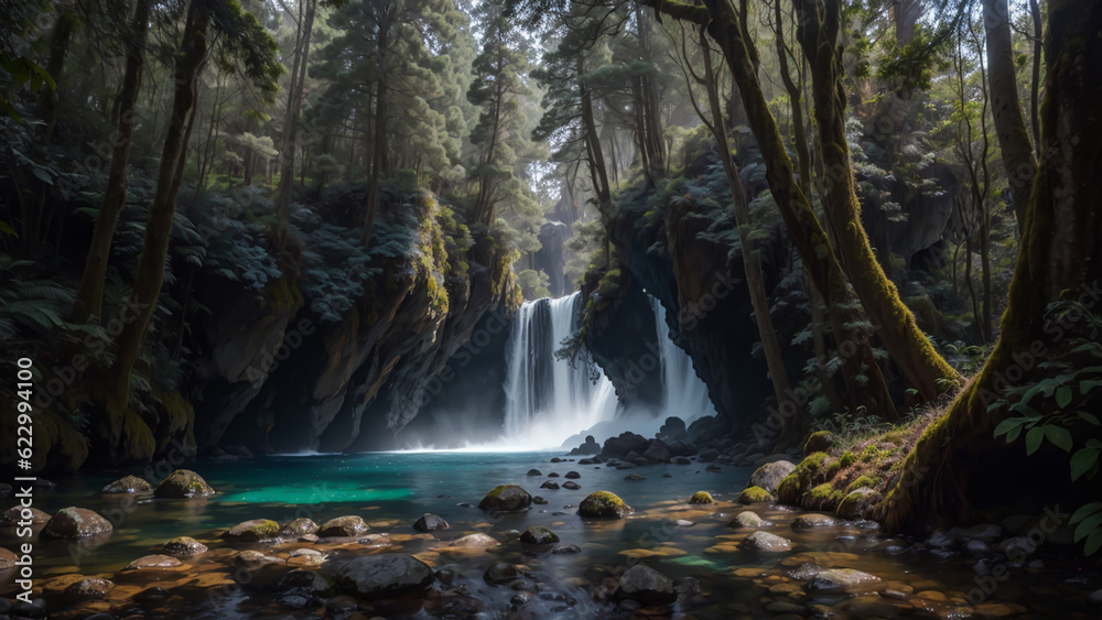 Obraz premium Mystical scenery as trees stood guard over ethereal waterfalls shrouded in mist and cascading with an otherworldly grace transporting visitors to a realm where magic and nature intertwined.